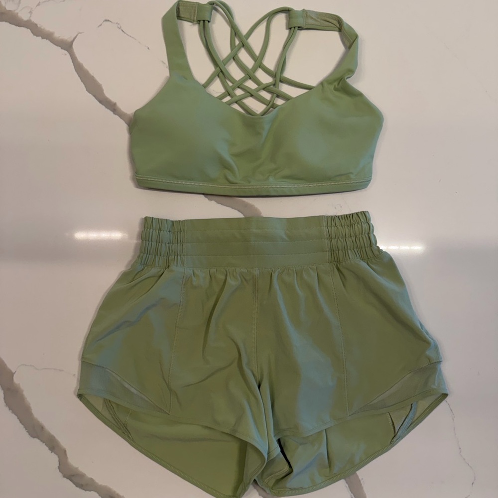 Lululemon Athletica Sage Green Sports Bra and Shorts